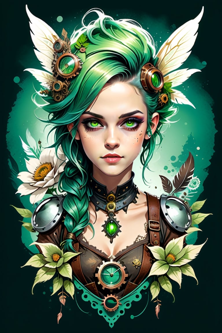 T-shirt design, steampunk art, BEAUTIFUL GIRL 
 FAIRY, kristen stewart face, , FANTASY DESIGN, FEATHER, VINTAGE COLOR,FLOWERS,STEAMPUNK ART DESIGN, for old-school style tattoos, green HAIR