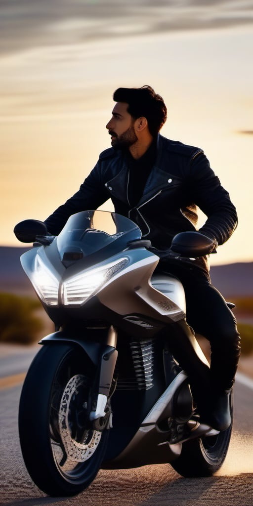 Photograph a handsome Middle Eastern man, 30, with short hair, light bright eyes, long eyelashes, and blush, wearing a black leather jacket, jeans, and black knee-high boots, riding a futuristic racing motorcycle on a desert road during the day. Capture a full body, front shot with his hair moving due to speed, and a photorealistic smile. Emphasize beautiful lighting, intricate details, sharp focus, and supreme resolution in a 32K ultra-sharp, high-quality masterpiece with perfect proportions and realistic complex details.