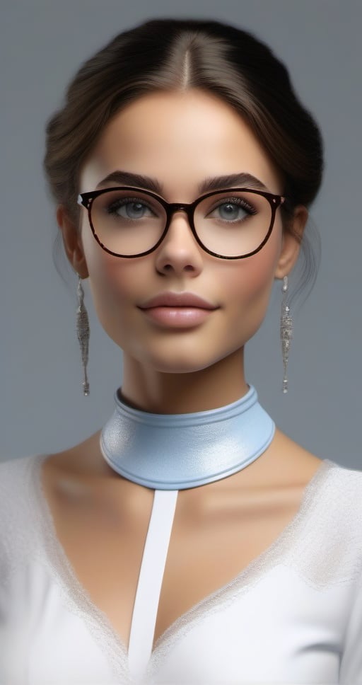 A masterpiece! Here's a prompt for a stunning 3D rendering:

Close-up sportrait of a solo brunette girl (Brunette long hair 3.2) wearing glasses, with a radiant smile and sparkling light blue eyes. She's framed by a simple white background, accentuated by a rim of subtle depth. Her short, separated lips are parted slightly, as if she's thinking. The upper part of her body is clad in a crisp white suit (White suit 1.2). A choker necklace with intricate details adds gothic charm to her overall look. As she looks away from the camera, her gaze appears distant and introspective. Her makeup application is paused, as if she's lost in thought. The light is realistic, casting gentle shadows on her features.,Hot Body,more detail XL