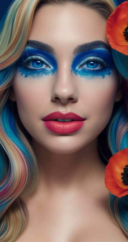 A vibrant studio shot captures a stunning 20-year-old blond beauty, reminiscent of Mary Quant's mod era. The model, with a fiery dragon-inspired hairstyle, poses confidently against a bold contrasting backdrop. Vivid colors like poppy red and electric blue burst forth from her outfit, while rich shadows define her striking features. A detailed portrait showcases her flawless skin, bright blue eyes, and plump lips. A professional photographer's keen eye has captured every nuance of this stunning subject, resulting in an image that is both playful and sophisticated.