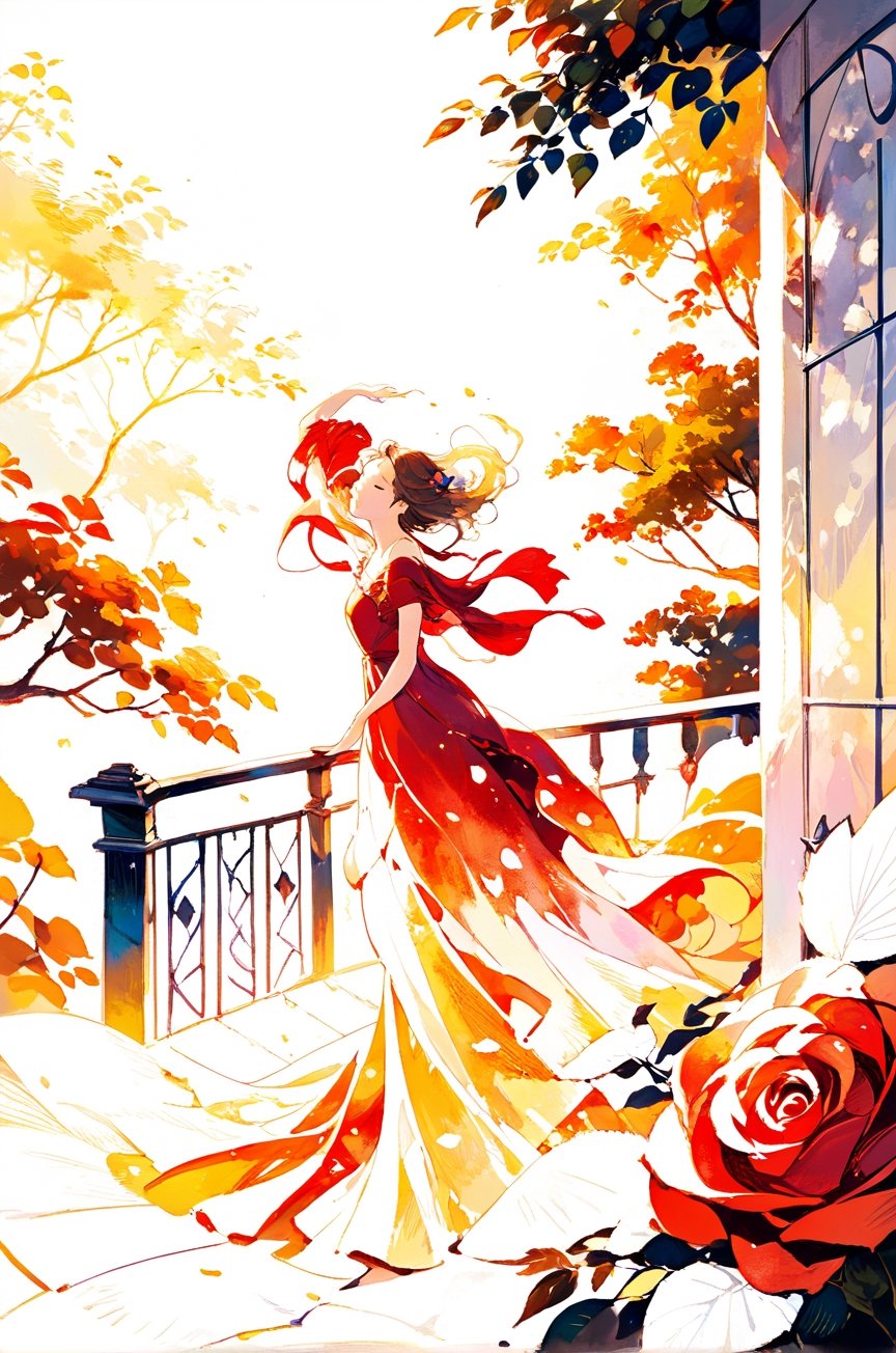 Juliette standing gracefully on the balcony, long flowing dress catching the wind, hair gently blowing in the breeze, a single red rose in her hand, looking wistfully into the distance, surrounded by lush greenery and blooming flowers, golden sunlight casting a warm glow, evoking a sense of longing and hope, rendered in a romantic and dreamy painting style. ,painted world