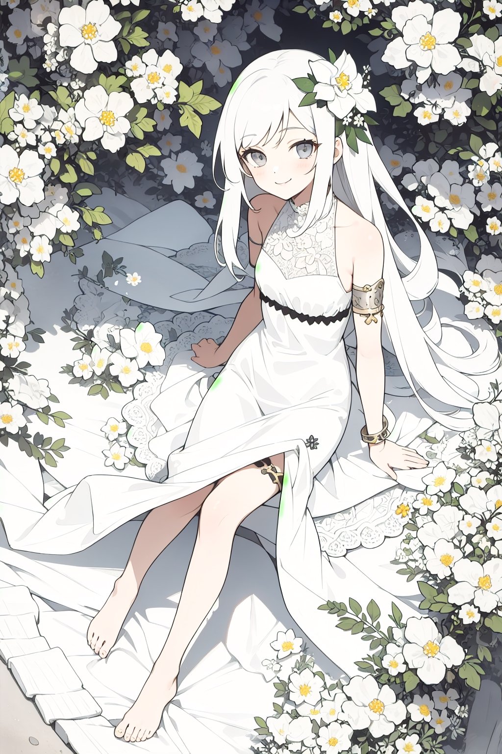 1girl, solo, long hair, looking at viewer, smile, hair ornament, dress, bare shoulders, sitting, very long hair, flower, white hair, barefoot, sleeveless, white dress, grey eyes, white flower, armlet,DArt