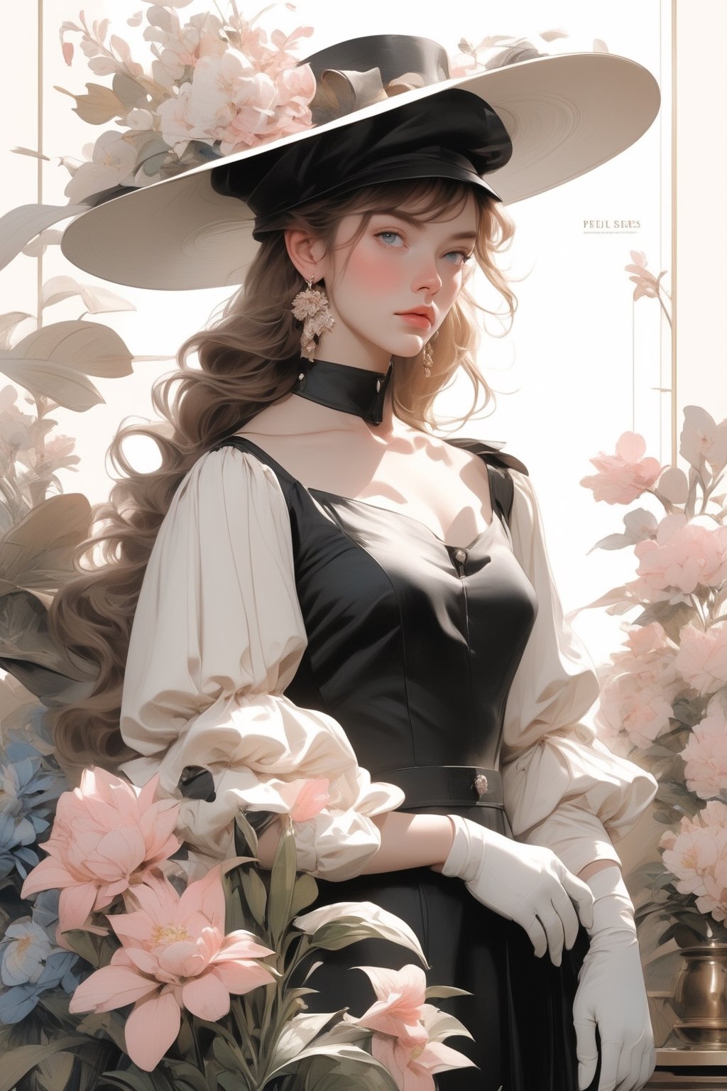 1girl, solo, long hair, bangs, blue eyes, brown hair, gloves, long sleeves, hat, white background, dress, holding, jewelry, closed mouth, standing, full body, flower, earrings, puffy sleeves, black footwear, black dress, high heels, black headwear, table, plant, peaked cap, pink flower, paper, brown headwear, brown dress, vase, quill,1guy,