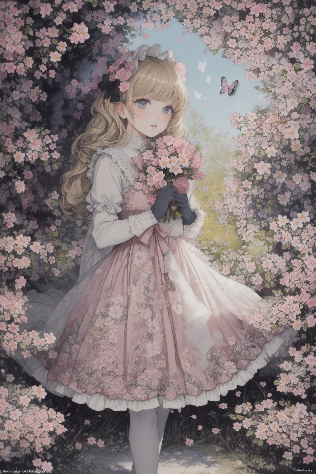 girl in lolita, dressed in a pastel pink frilly dress, wearing lace gloves, holding a sunshade with intricate floral design, curly blonde hair adorned with bows, standing in a blooming cherry blossom garden, surrounded by fluttering butterflies, soft sunlight filtering through the trees, creating a dreamy and ethereal atmosphere, painted in soft watercolor strokes.,DArt