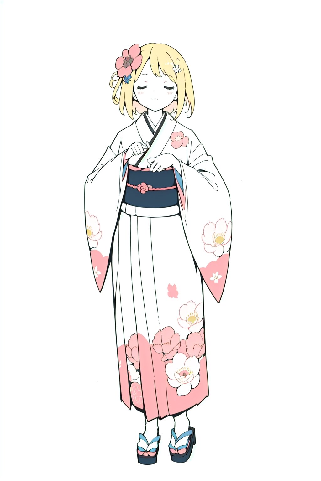 1girl, solo, blonde hair, simple background, hair ornament, long sleeves, white background, holding, standing, full body, closed eyes, flower, japanese clothes, hair flower, wide sleeves, kimono, sash, rose, obi, floral print, white flower, pink kimono, peony \(flower\)