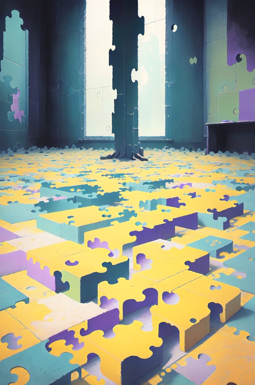 purple and yellow colors, puzzle pieces on the ground in a cozy room setting, high detail, digital painting, cinematic lighting, puzzle concept art, realistic, macro shot, soft focus, monochrome, dynamic composition, puzzle pieces form an abstract pattern by Escher, M.C. and Salvador Dali,