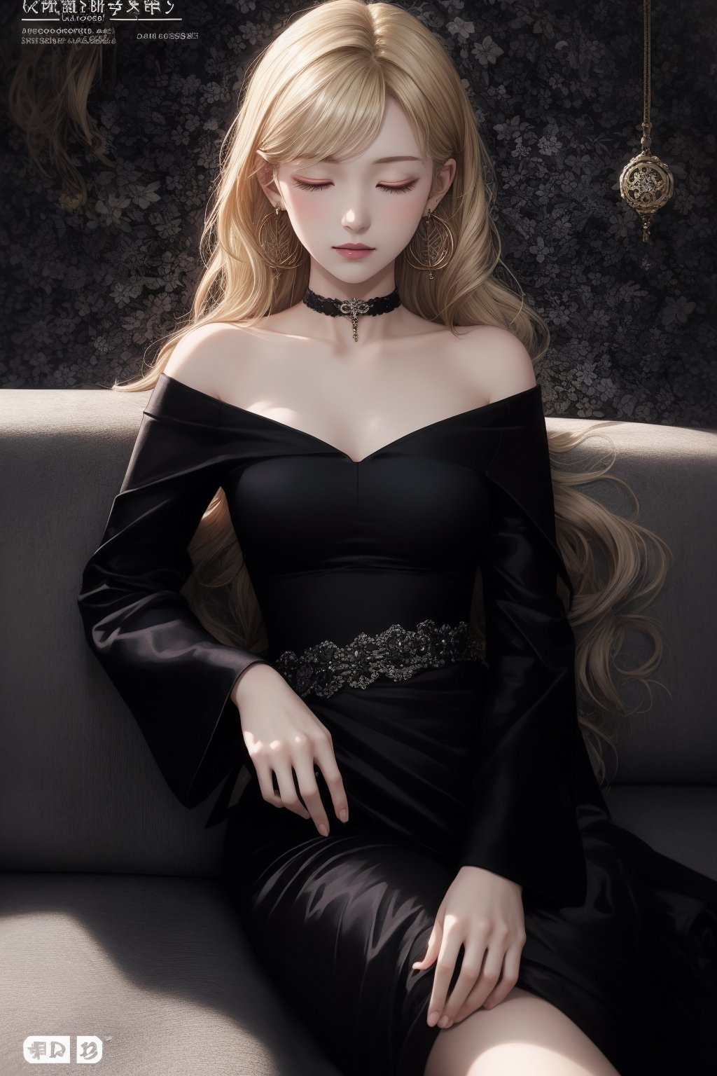 1girl, long hair, looking at viewer, blonde hair, red eyes, long sleeves, 1boy, sitting, closed eyes, white hair, earrings, choker, black dress,  formal,  cover page, purple dress,DArt