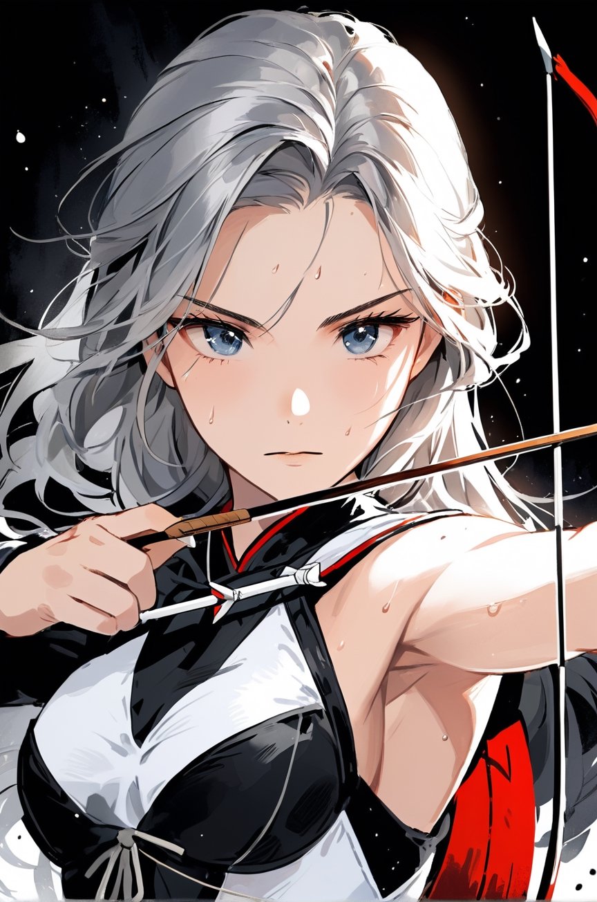 A young woman practicing archery, focused and determined, holding a wooden bow in her left hand and a silver arrow in her right hand, the bowstring pulled taut, eyes fixed on the target ahead, sweat glistening on her brow, muscles tensed with anticipation, 