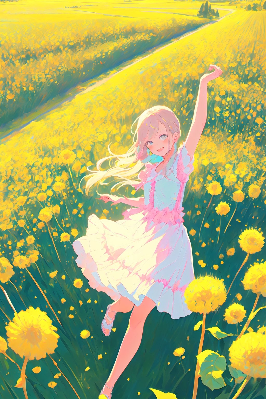 a noble little girl tiptoes and stretches up her hand delicately  trying to touch the dandelion, Aerial View,portrait,Colorful portraits,pastelbg