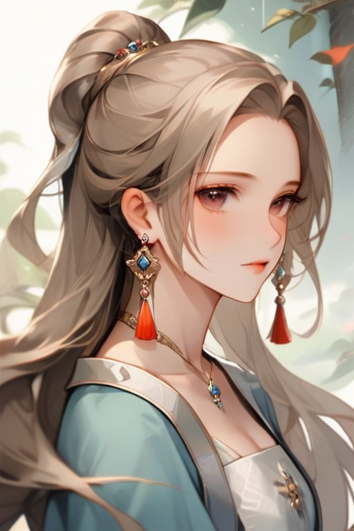 A noble young lady delicately adorning her ears with earrings