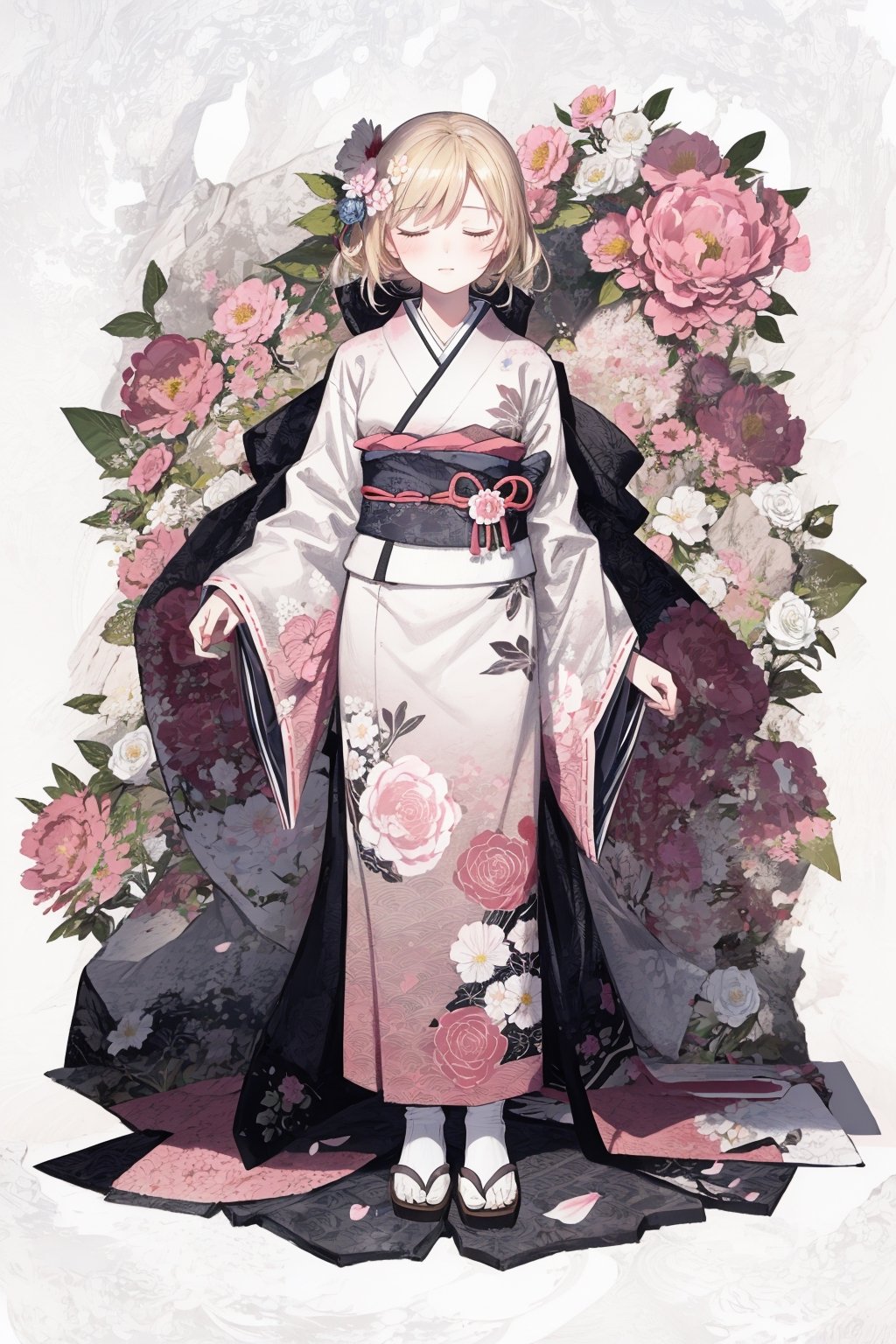 1girl, solo, blonde hair, simple background, hair ornament, long sleeves, white background, holding, standing, full body, closed eyes, flower, japanese clothes, hair flower, wide sleeves, kimono, sash, rose, obi, floral print, white flower, pink kimono, peony \(flower\),DArt,masterpiece,no_humans