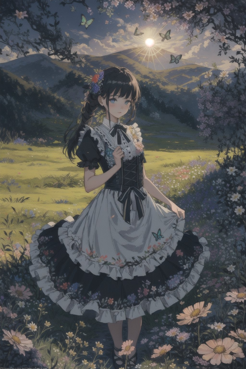girl in lolita dress, embroidered bodice, silk ribbons, floral motifs, twirling in a sunlit meadow filled with wildflowers, butterflies fluttering around, a gentle breeze rustling her dress, peaceful and idyllic countryside setting,