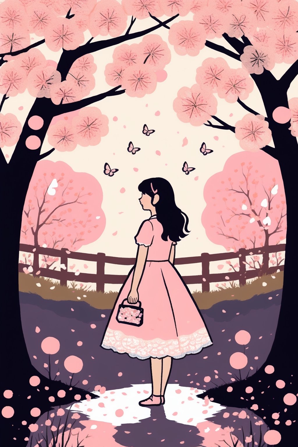 girl in lolita dress, pastel colors, intricate lace details, bow accents, in a blooming cherry blossom garden, with petals floating in the air, surrounded by whimsical fairy lights, a serene and ethereal atmosphere, painting,Graffiti Comic