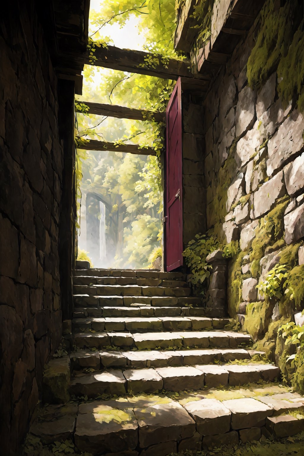 a solitary red rose resting gracefully on the highest staircase step, its velvety petals unfurling to reveal a rich shade of scarlet, set against a backdrop of ancient, moss-covered steps, a sense of timelessness enveloping the scene, with a gentle breeze rustling nearby ivy leaves, evoking a sense of peaceful contemplation soft focus creating a dreamlike quality, in the style of romantic landscape paintings by J.M.W. Turner. 