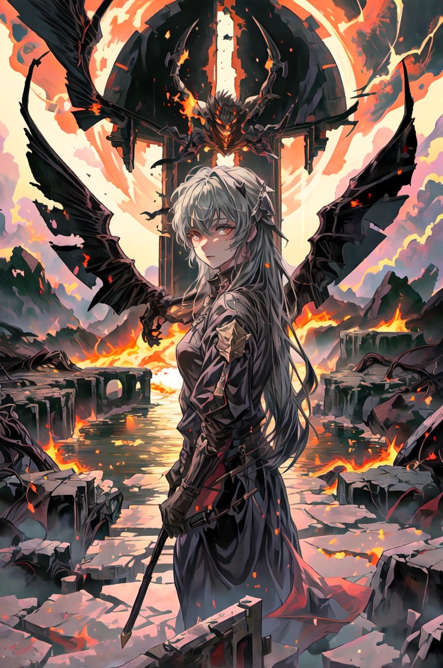 a girl in tartarus, standing on a crumbling stone bridge over a river of molten lava, the heat shimmering in the air,nodf_lora