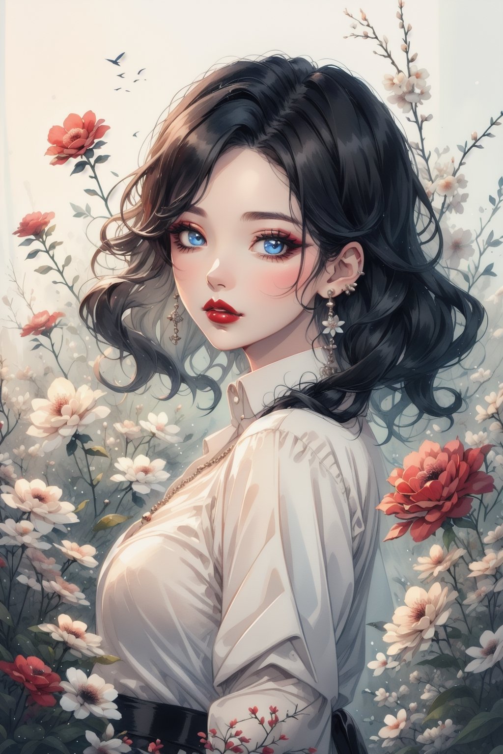 1girl, solo, looking at viewer, blue eyes, shirt, black hair, long sleeves, holding, jewelry, upper body, flower, earrings, parted lips, blurry, lips, makeup, lipstick, red lips, 