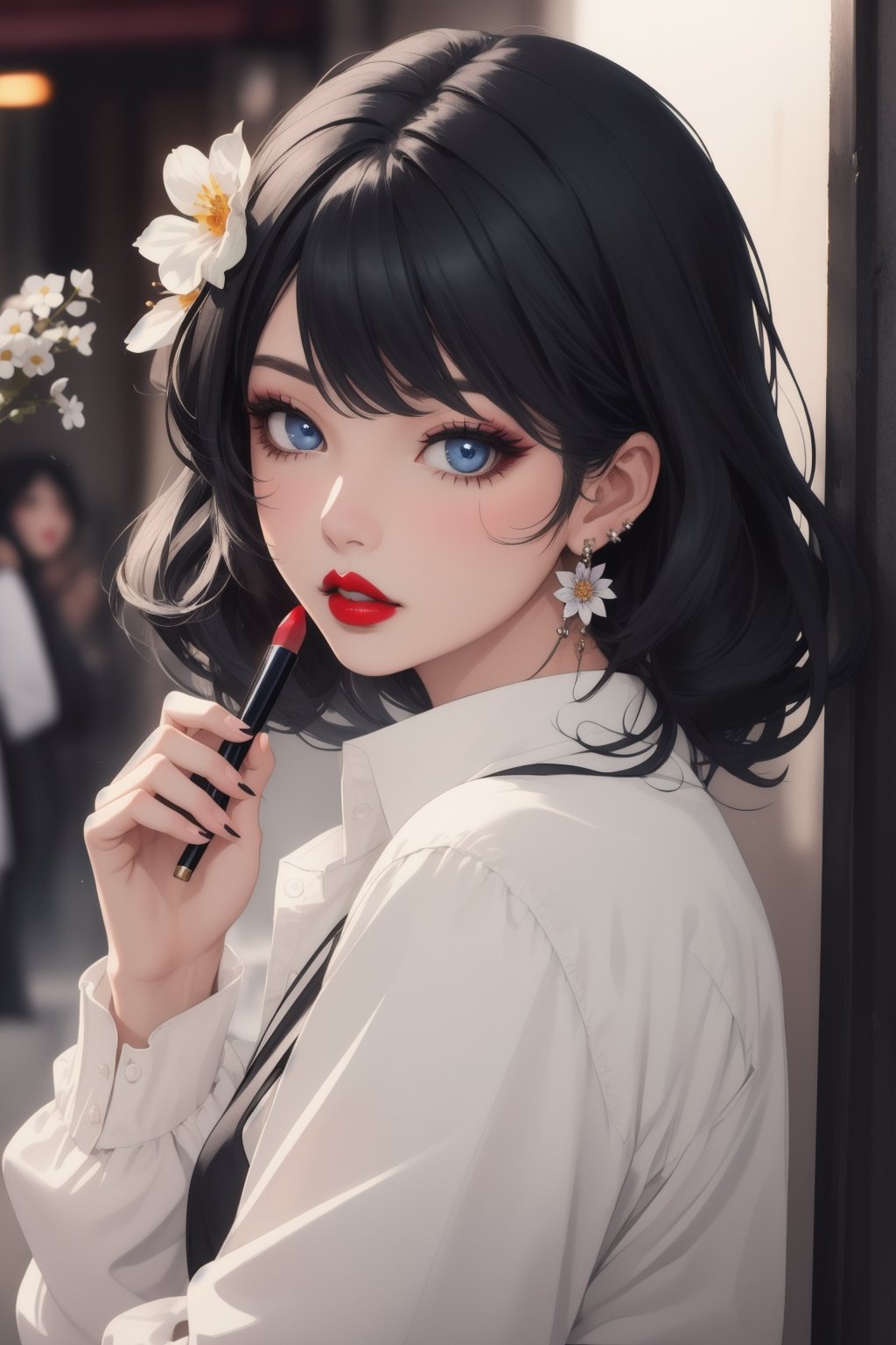 1girl, solo, looking at viewer, blue eyes, shirt, black hair, long sleeves, holding, jewelry, upper body, flower, earrings, parted lips, blurry, lips, makeup, lipstick, red lips, ,no_humans