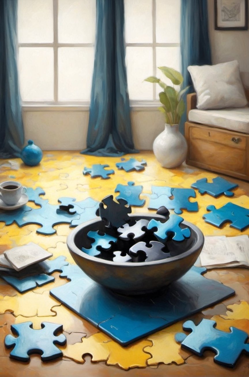 Shattered puzzle pieces on the ground in a cozy room setting, high detail, digital painting, cinematic lighting, puzzle concept art, realistic, macro shot, soft focus, monochrome, dynamic composition, puzzle pieces form an abstract pattern by Escher, M.C. and Salvador Dali,APEX colourful ,ral-chrcrts,Ukiyo-e,oil painting,chinese ink drawing,Disney pixar style