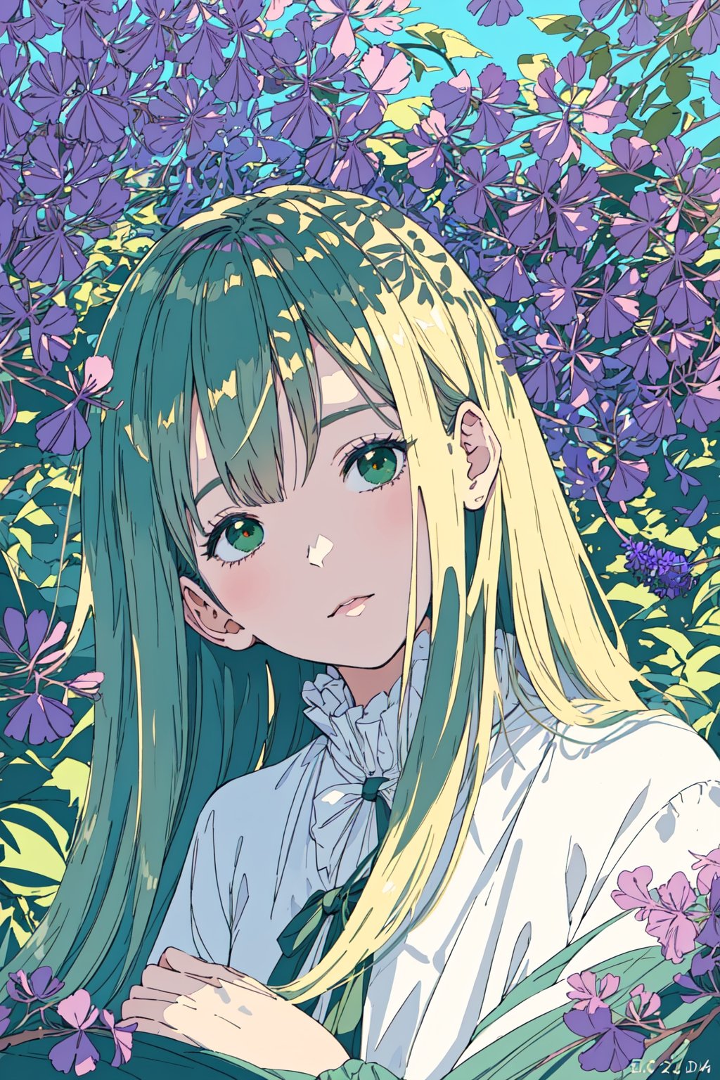 A girl sitting by, a close-up of jacaranda flowers in exquisite detail, showcasing their intricate petals and vibrant color variations, the soft morning light casting a warm glow on the delicate blooms, highlighting their beauty and fragility, set against a blurred background of lush green foliage for contrast, captured in a detailed and lifelike illustration style.,petite