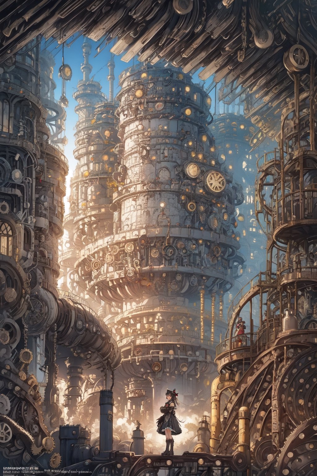 girl in lolita outfit, steampunk-inspired, gears and cogs embellishments, mechanical wings, posing in an industrial steampunk cityscape filled with steam pipes and clockwork machinery, a sense of adventure and futuristic fantasy, realistic photography with a wide-angle lens for a panoramic view