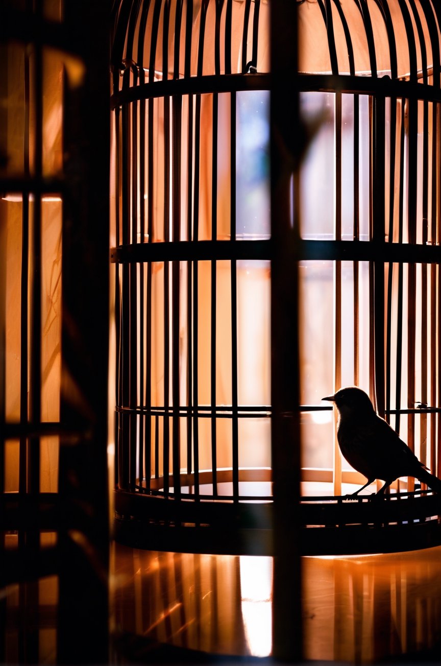 A nightingale inside an open birdcage, yet unable to find its way out. Soft, diffused lighting accentuates the sense of confinement despite the cage being open, symbolizing the struggle for freedom. Captured with a Nikon Z7 to convey the emotional depth and symbolism of the scene.