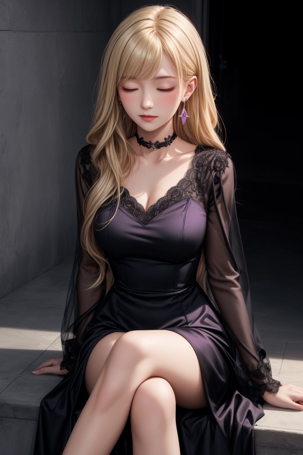 1girl, long hair, looking at viewer, blonde hair, red eyes, long sleeves, 1boy, sitting, closed eyes, white hair, earrings, choker, black dress,  formal, purple dress,DArt