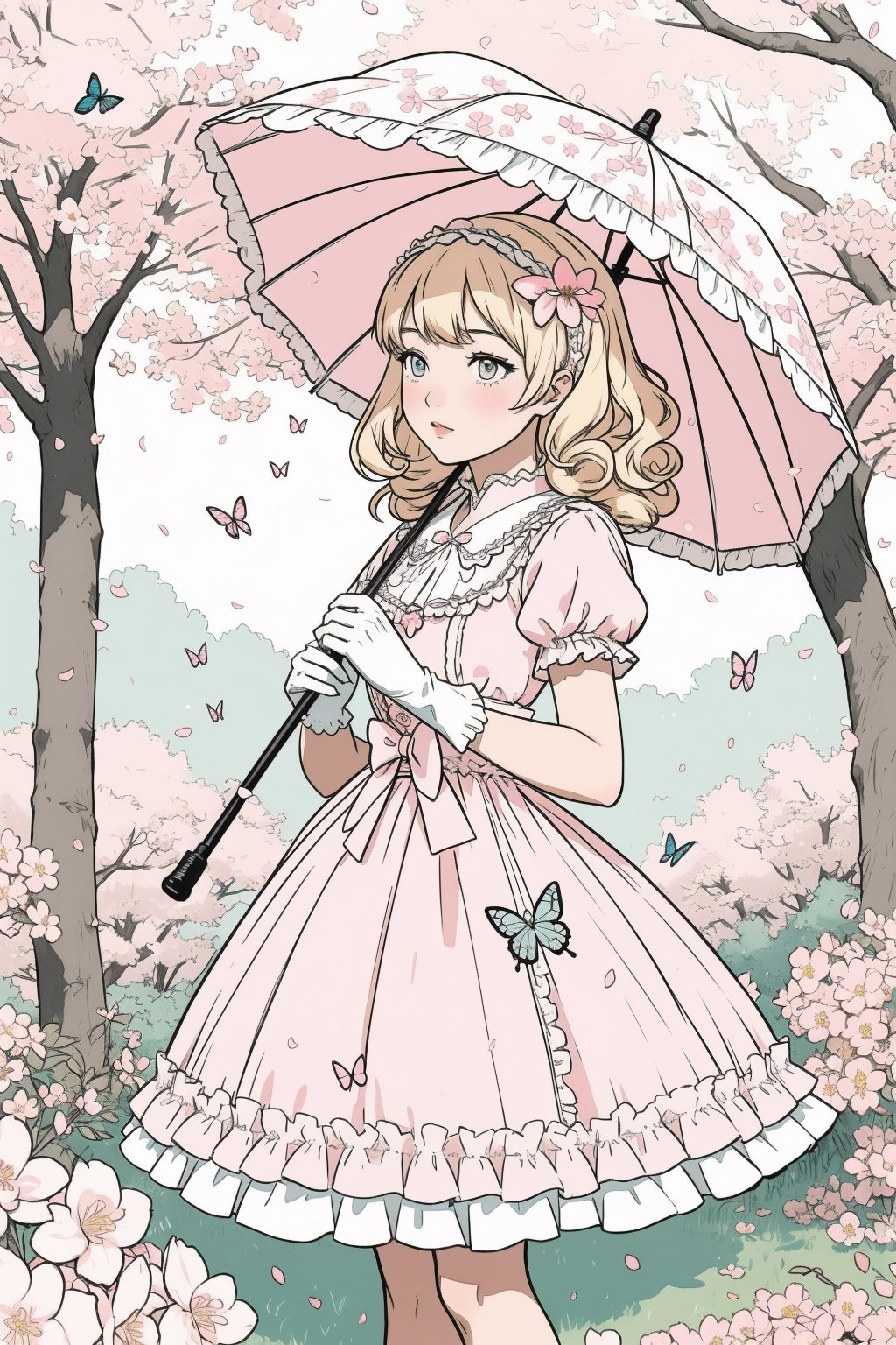 girl in lolita, dressed in a pastel pink frilly dress, wearing lace gloves, holding a parasol with intricate floral design, curly blonde hair adorned with bows, standing in a blooming cherry blossom garden, surrounded by fluttering butterflies, soft sunlight filtering through the trees, creating a dreamy and ethereal atmosphere, painted in soft watercolor strokes.,DArt,monochrome,firefliesfireflies,line anime,pastel colors