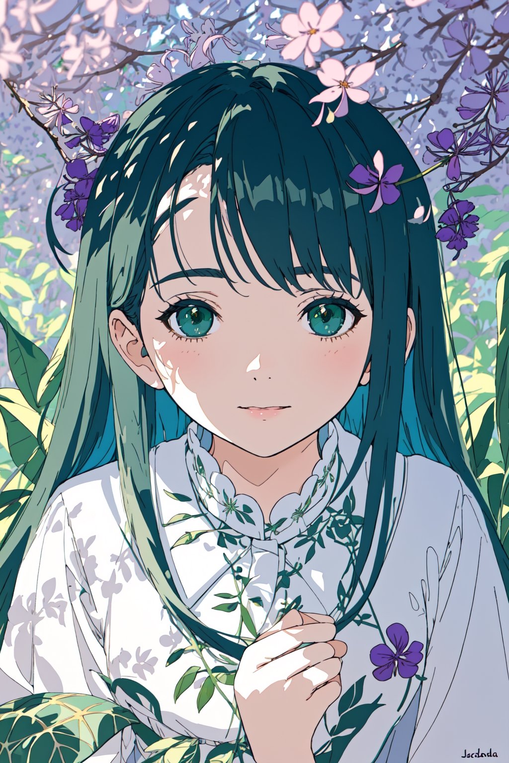 A girl sitting by, a close-up of jacaranda flowers in exquisite detail, showcasing their intricate petals and vibrant color variations, the soft morning light casting a warm glow on the delicate blooms, highlighting their beauty and fragility, set against a blurred background of lush green foliage for contrast, captured in a detailed and lifelike illustration style.,petite