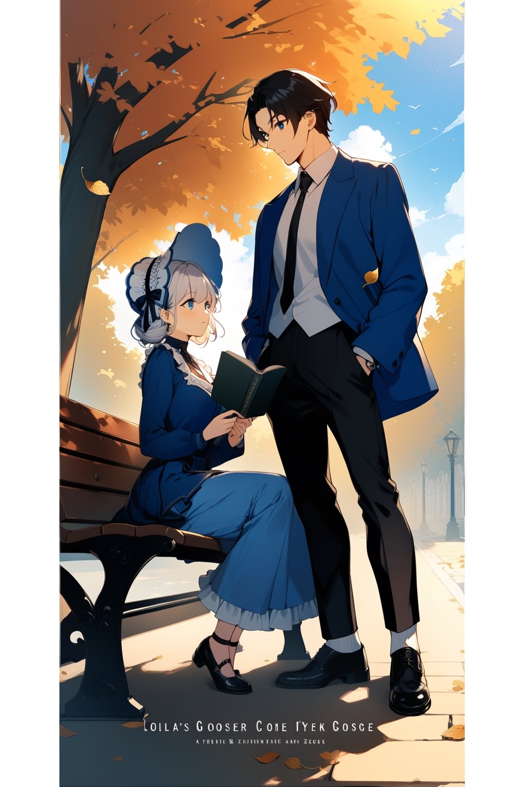 1girl, long hair, short hair, blue eyes, black hair, 1boy, dress, sitting, jacket, white hair, outdoors, frills, necktie, shoes, pants, black footwear, looking at another, book, leaf, , blue jacket, cover page, black necktie, holding book, open book, bench, bonnet