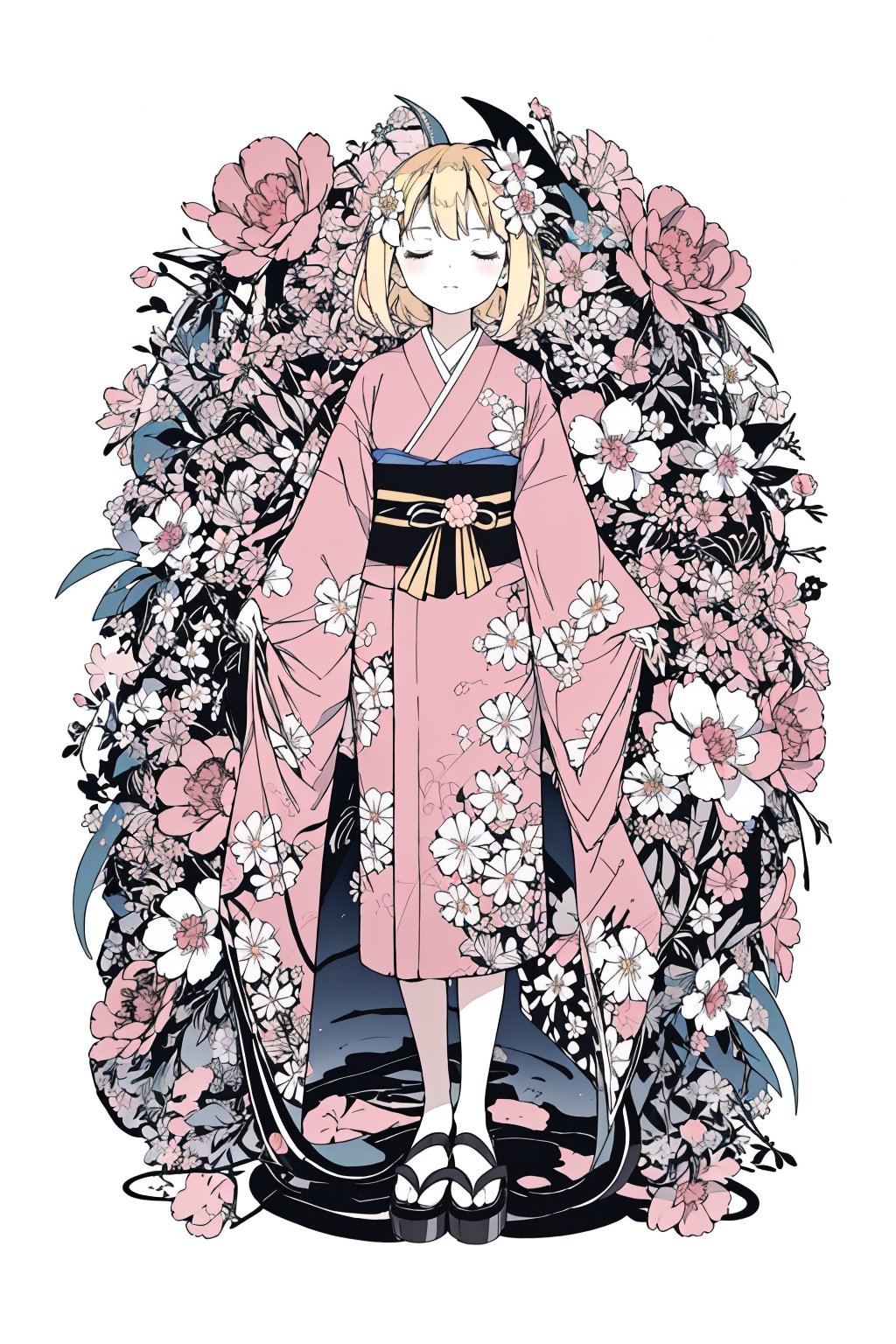 1girl, solo, blonde hair, simple background, hair ornament, long sleeves, white background, holding, standing, full body, closed eyes, flower, japanese clothes, hair flower, wide sleeves, kimono, sash, rose, obi, floral print, white flower, pink kimono, peony \(flower\),DArt,masterpiece