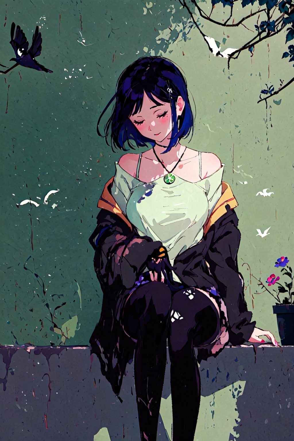 a girl resting against the wall, soaking in the warm afternoon sun, surrounded by lush green ivy-covered walls, colorful flowers blooming in pots nearby, a vintage bicycle leaning against the wall, casting a soft shadow, a gentle breeze rustling the leaves, birds chirping in the background, creating a peaceful and serene atmosphere, in a soft and dreamy painting style, with a focus on capturing the girl’s relaxation and tranquility 