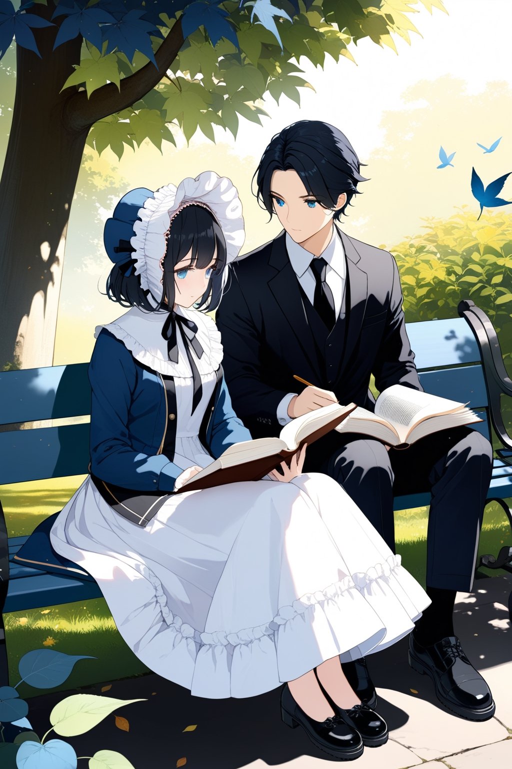 1girl, long hair, short hair, blue eyes, black hair, 1boy, dress, sitting, jacket, white hair, outdoors, shoes, pants, black footwear, looking at another, book, leaf, , blue jacket,  black necktie, holding book, open book, bench, bonnet