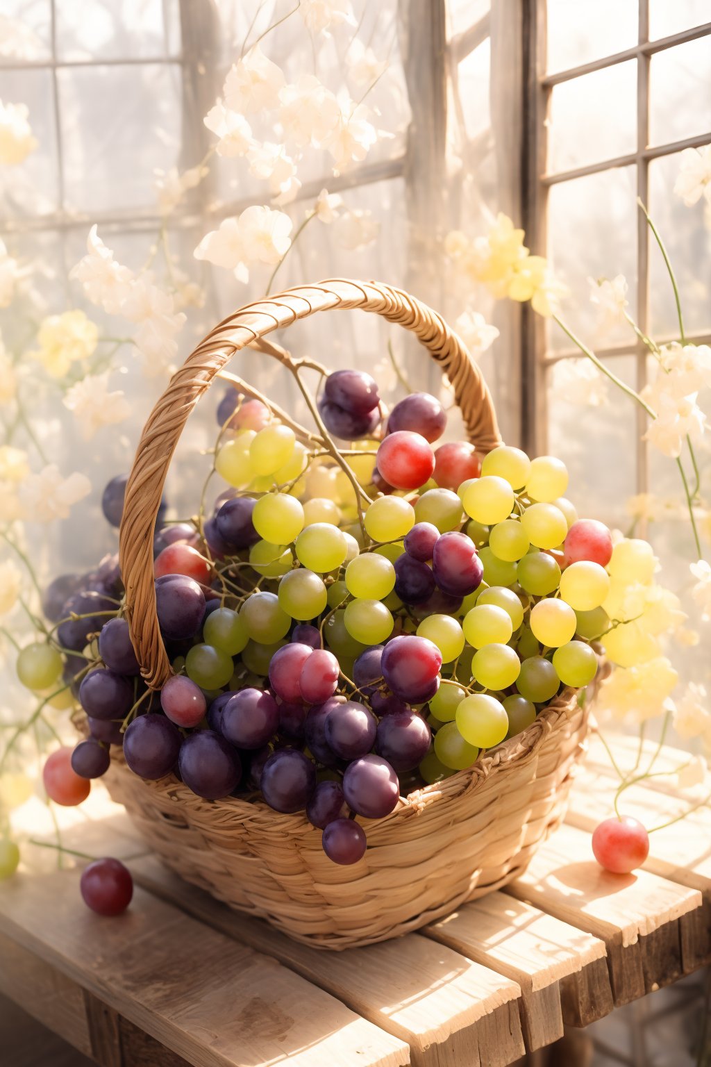 A still life of a bounty of plump, juicy grapes spilling out of a wicker basket on a rustic wooden table. Soft, warm sunlight filters through the window casting a gentle glow on the fruit's translucent skin. The camera frames the arrangement from directly above, showcasing the vibrant purple hue and the way the grapes seem to tumble into a natural heap.,1 girl