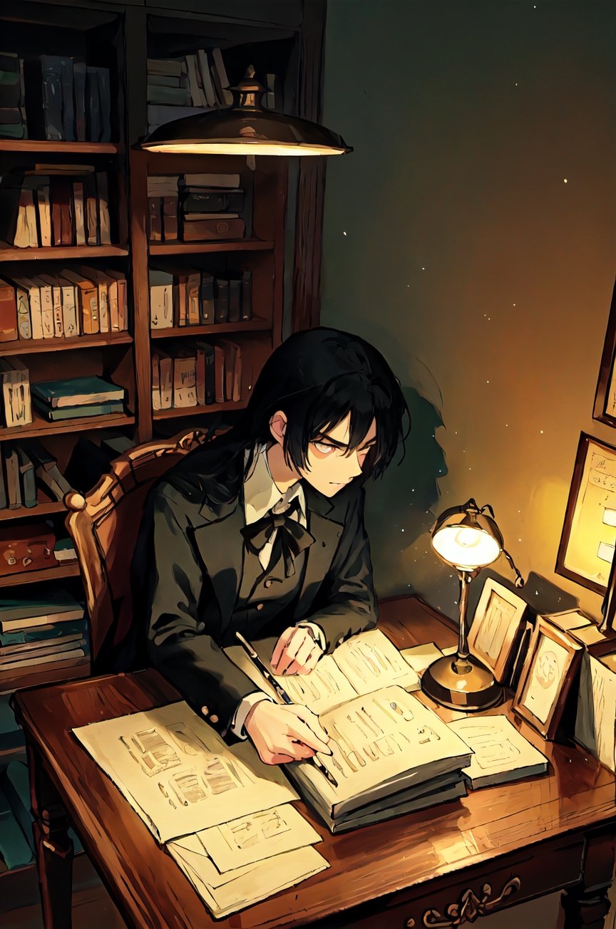 a mathematician is reading a paper, intense focus on complex equations, surrounded by stacks of books and papers, dimly lit study room filled with antique furniture, illuminated by a single desk lamp casting long shadows, compositions highlighting the mathematician’s furrowed brows and intricate hand gestures, atmosphere of intellectual contemplation and discovery, ,tareme-eyes,Detailedface,SharpEyess