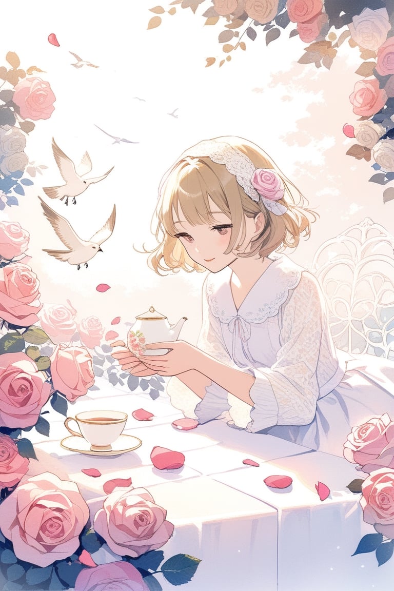 A girl tenderly preparing tea in an enchanting rose garden, her hands caressing the fragrant rose petals as she brews the tea, a gentle smile playing on her lips, surrounded by a myriad of colorful roses in different stages of bloom, a small stream trickling nearby, birds chirping in the background, vintage porcelain teapot and teacup on a dainty lace tablecloth, captured in a soft and dreamy painting style, focusing on the girl’s serene expression and the beauty of the garden