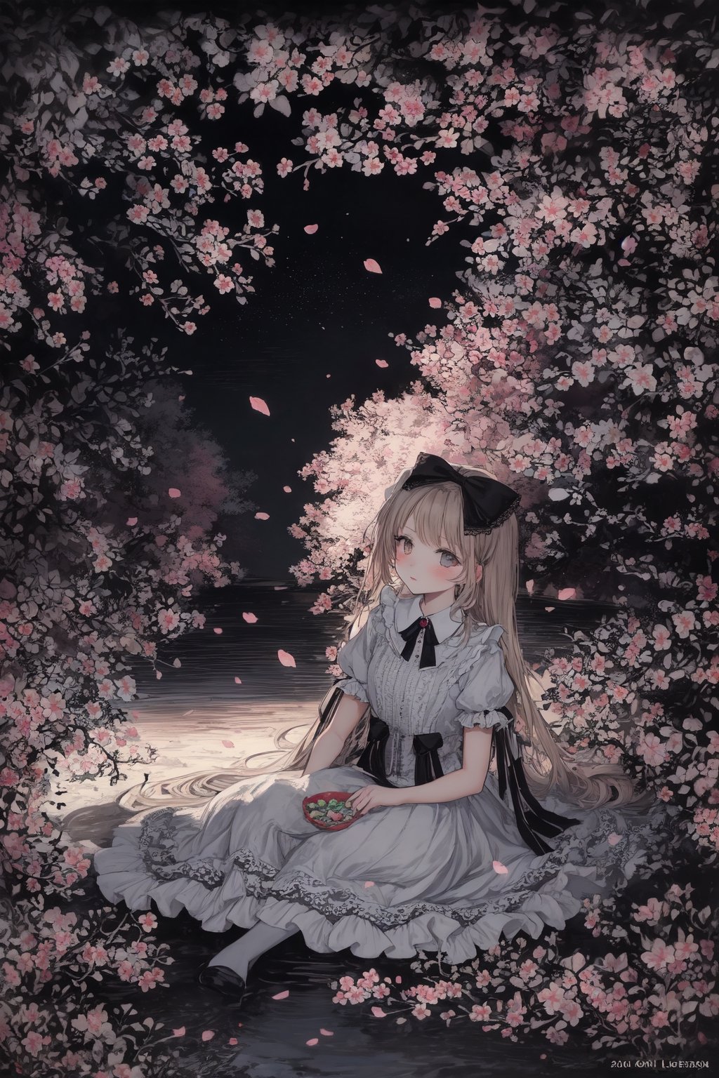 girl in lolita dress, pastel colors, intricate lace details, bow accents, in a blooming cherry blossom garden, with petals floating in the air, surrounded by whimsical fairy lights, a serene and ethereal atmosphere, painting