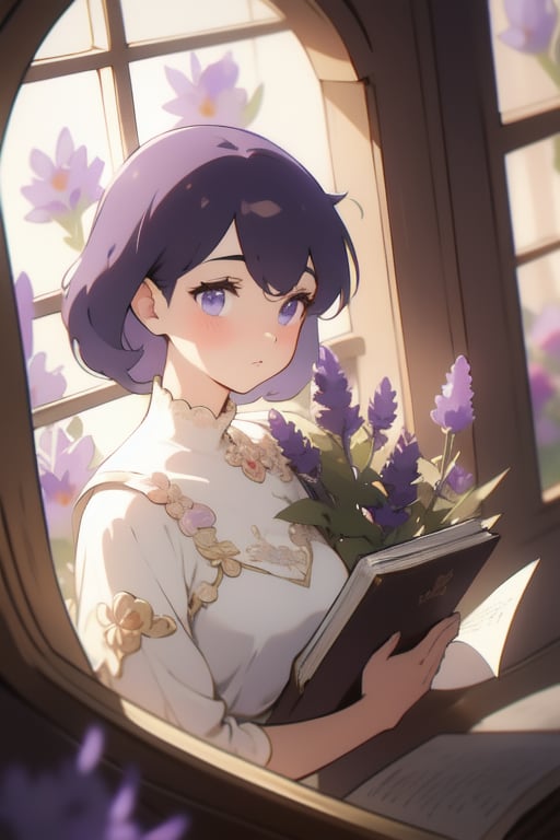 A delicate lavender-hued image unfolds before us. The framing is a soft, curved rectangle, as if gazing through a vintage window frame. Warm golden lighting casts a gentle glow on the subject, situated amidst a whimsical floral arrangement in shades of purple and pink. The subject's pose is relaxed, with one hand cradling a delicate lavender bloom, while the other holds a worn leather-bound book.