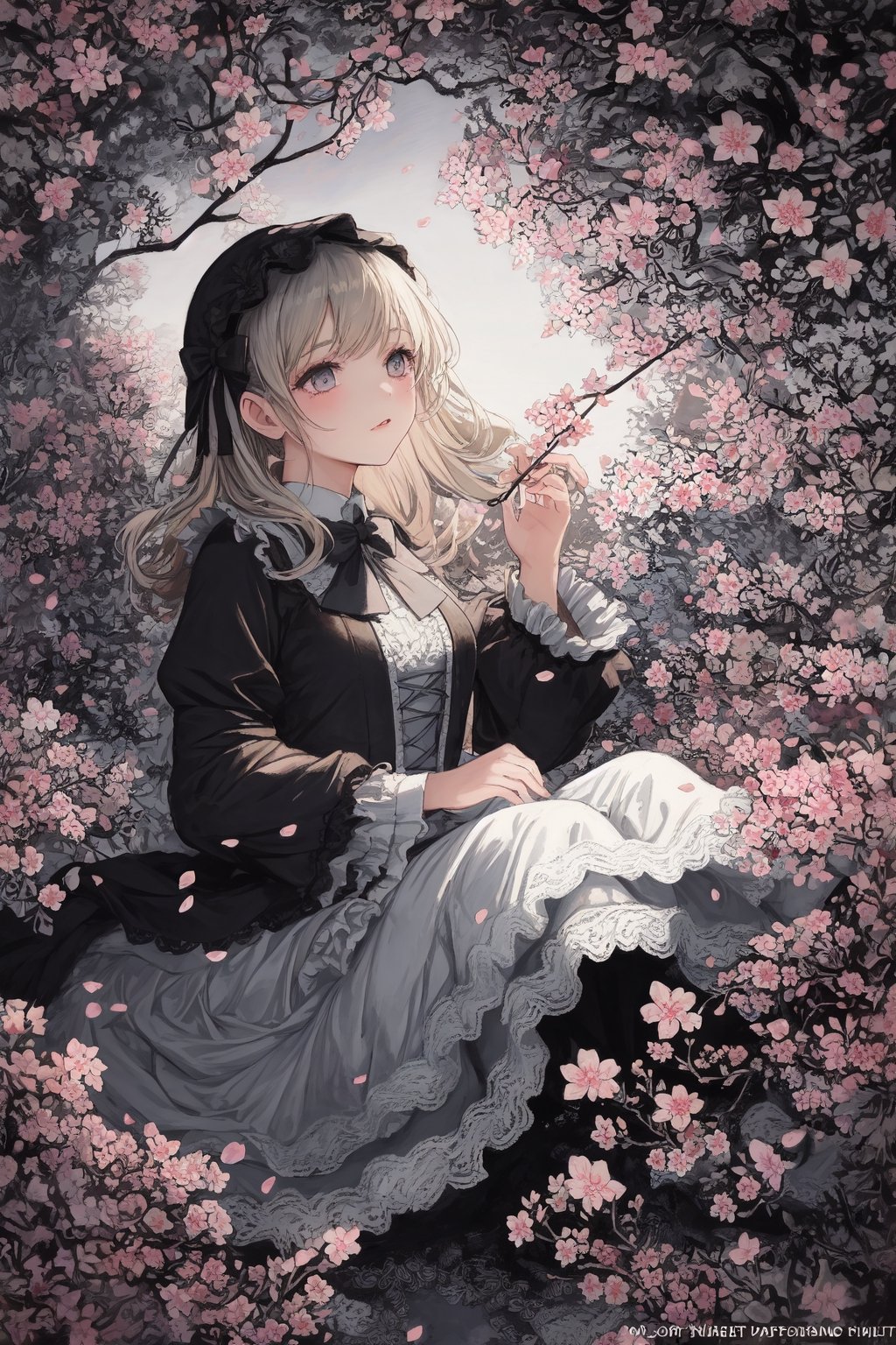 girl in lolita dress, pastel colors, intricate lace details, bow accents, in a blooming cherry blossom garden, with petals floating in the air, surrounded by whimsical fairy lights, a serene and ethereal atmosphere, painting