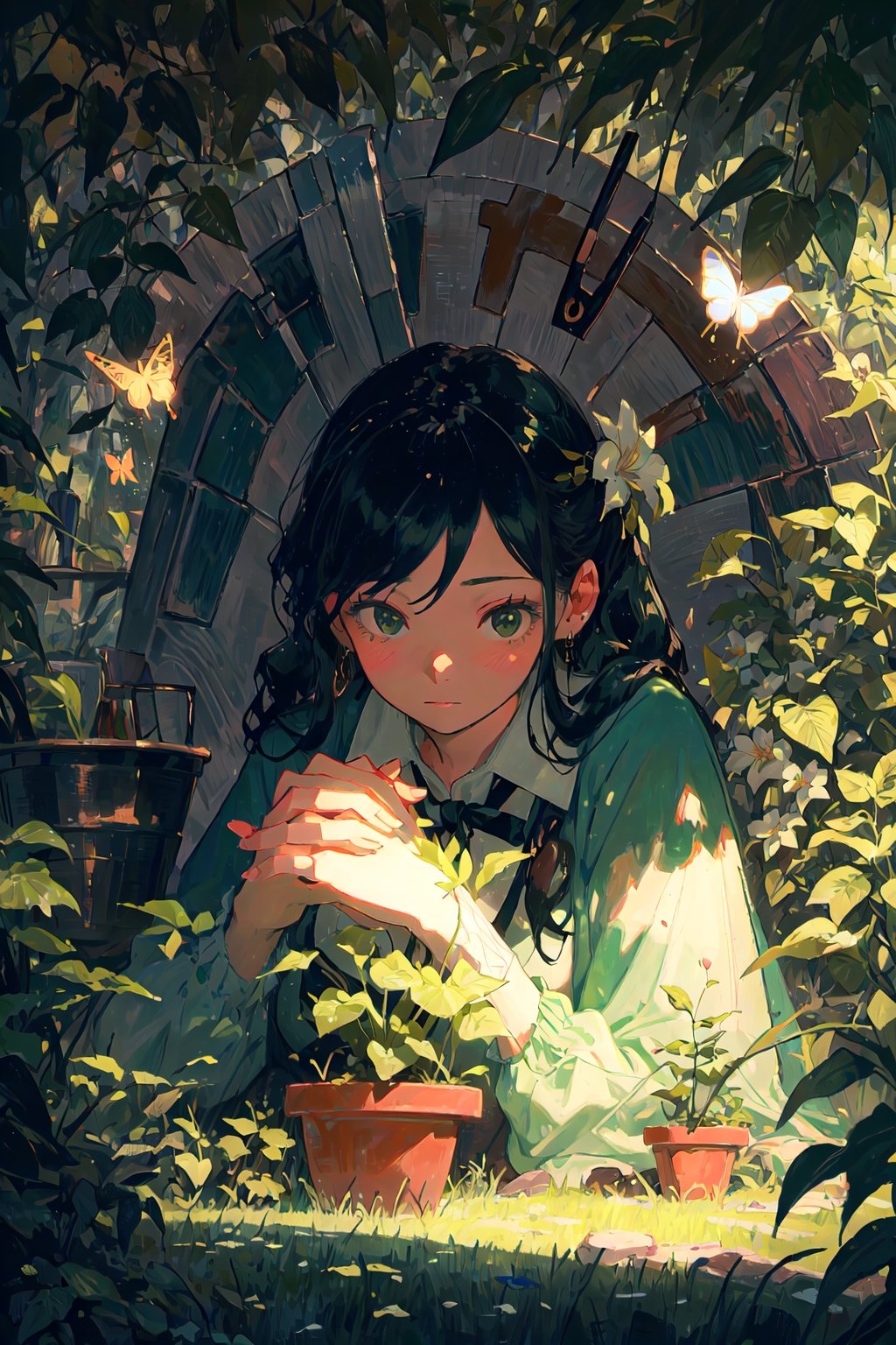 A girl is planting a alocacia with delicate hands gently placing the roots into the rich soil, sunlight filtering through the lush green leaves, surrounded by gardening tools and pots of various plants, in a backyard filled with blooming flowers and fluttering butterflies,focusing on the intricate details of the plant and the girl’s focused expression, in a realistic photographic style that highlights the vibrant colors and textures of the scene
