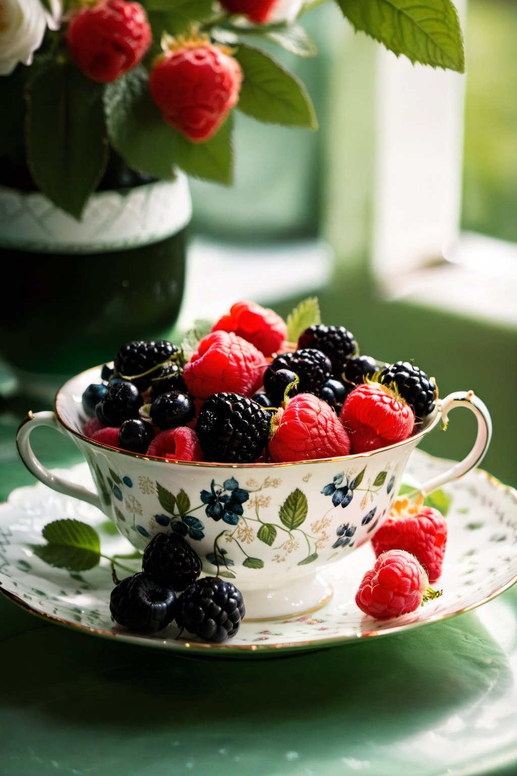 a bowl of mixed berries, including raspberries, blackberries, and blueberries, arranged in a delicate pattern on a vintage porcelain plate, surrounded by green mint leaves, placed on a lace tablecloth in a charming garden tea party setting, with dainty teacups and saucers, blooming flowers in the background, creating a whimsical and elegant atmosphere, focusing on the rich hues and intricate details of each berry