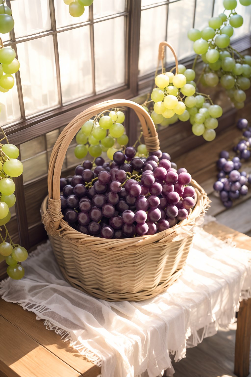 A still life of a bounty of plump, juicy grapes spilling out of a wicker basket on a rustic wooden table. Soft, warm sunlight filters through the window casting a gentle glow on the fruit's translucent skin. The camera frames the arrangement from directly above, showcasing the vibrant purple hue and the way the grapes seem to tumble into a natural heap.