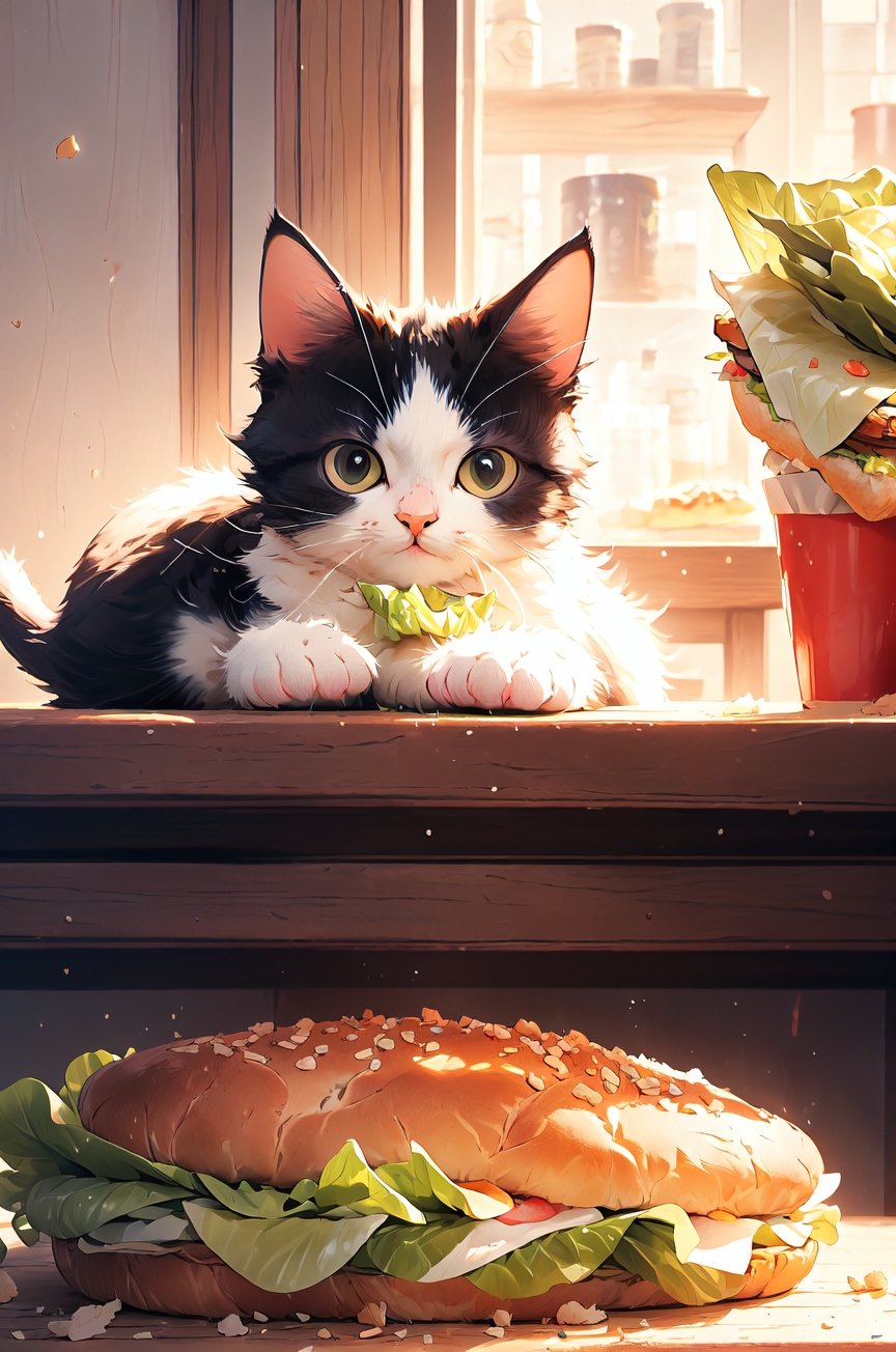 a cat lying comfortably between two halves of a chicken sandwich, fluffy fur blending with the soft bread, relaxed posture, surrounded by crumbs and lettuce, indoors on a wooden table, with a hint of afternoon sunlight, composition focused on the cat’s content expression