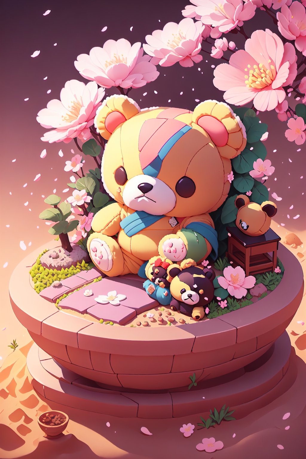 a teddy bear made of cherry blossoms, blooming petals shaped into a cuddly bear figure with round ears and fluffy limbs, displayed in a Zen garden surrounded by carefully raked sand patterns and bonsai trees, the scene evoking a sense of peace and tranquility, with a minimalist and harmonious composition that blends the natural beauty of the cherry blossoms with the structured elegance of the garden, focusing on the contrast between light and shadow to enhance the simplicity and purity of the scene,3D MODEL,Illustration