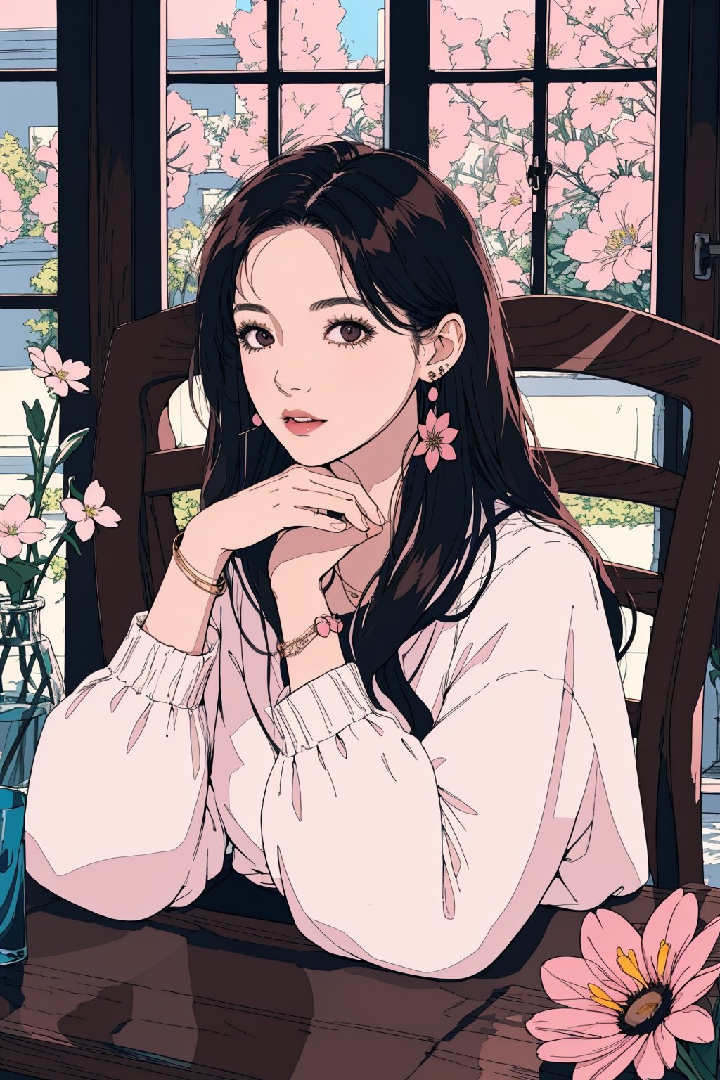 1girl, solo, long hair,  looking at viewer, dress, black hair, long sleeves, brown eyes, jewelry,  sitting,  flower, earrings, parted lips, day, indoors, bracelet, cup, lips, window, chair, table, sunlight, pink flower, hand in own hair, 