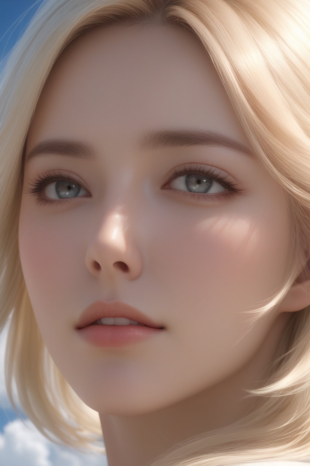 a close up of a woman's face with clouds in the background, top rated on pixiv, very very pale blond hair, photoreailstic, featured on cg society, touch, realistic lighting,  subtle lens flare, 16k upscaled image, perfect human female specimen