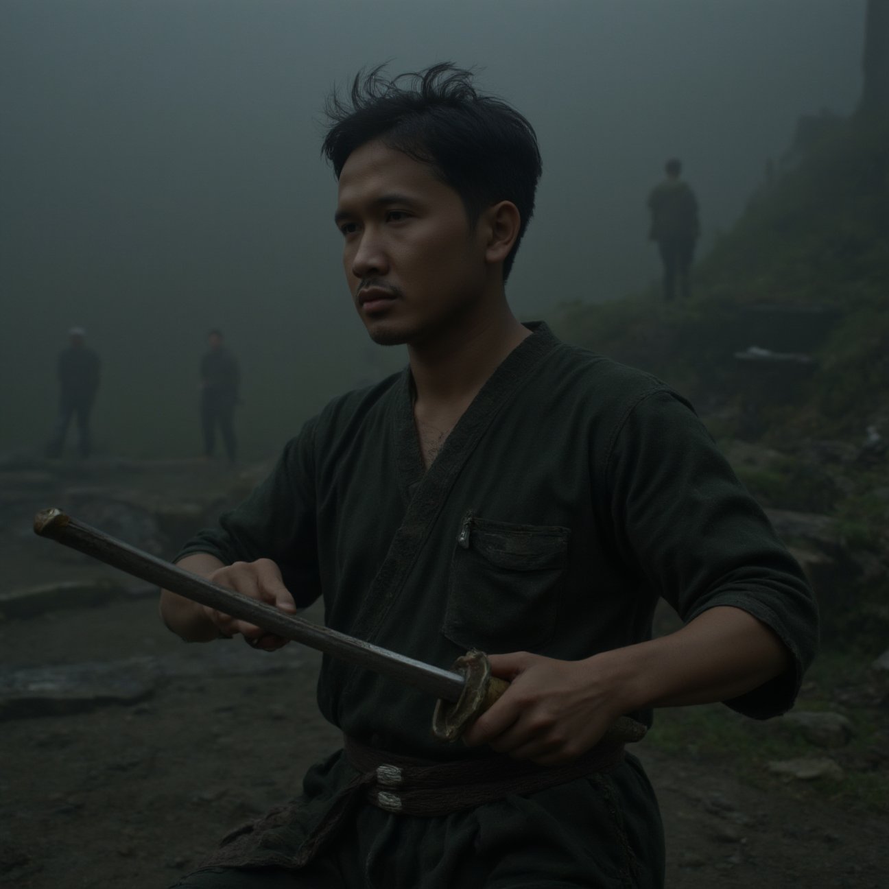 A haunting and intense scene depicting a weary, battered Japanese man gripping a katana, preparing for a final confrontation. His clothing is torn, and his expression is one of exhaustion and determination, his eyes narrowed with focus. The katana in his hands glints ominously, its blade stained with the remnants of past battles. The atmosphere is dark and oppressive, with swirling mist and shadows obscuring the background, creating a sense of isolation and impending doom. Faint outlines of ominous figures or the remnants of a previous skirmish may be visible in the gloom, hinting at the challenges he has faced. This image captures a moment of resilience and perseverance in the face of overwhelming adversity, evoking themes of survival, inner strength, and the grim reality of a harsh, unforgiving world,csrlds,Hollywood Cinematic Film style,epic photography,dramatic light,Kodak film style,DarkAtmosCE style