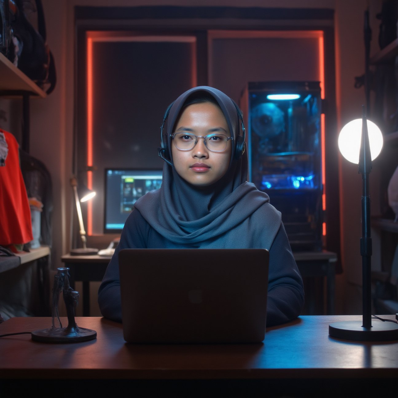 A physically 23 year character sitting onthe table wearing hoodie hijab, glasses and headset, face is not showing it is covered under hoodie, it is a gaming room, sitting straight seeing front , a long standing mic on the table, a very high quality futuristic PC behind the scene with a large screen, laptop in front of the character on the table,cip4rf,csrlds,Hollywood Cinematic Film style,epic photography,dramatic light,Kodak film style,DarkAtmosCE style,ysri