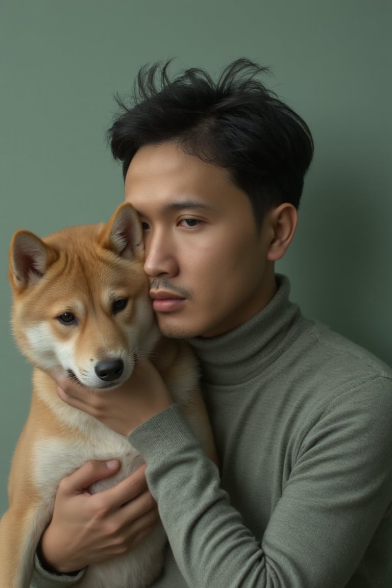 a guy, a guy with a short hair, looking forward, holding a shiba inu close to he face, creating a captivating and unusual visual pairing. The guy’s intense, light-colored gaze of the dog, emphasizing a deep connection between the two. he is weared in a soft, thick knitting turtle neck shirt . The background is a muted pastel green, which contrasts with the cool tones of the dog’s skin and the guy’s outfit, making the subjects stand out. The overall mood of the image is both mysterious and elegant, with a futuristic edge, highlighting the unique handsome of both the guy. The composition and the way the guy gently cradles the dog suggest a sense of calm and intimacy, while the unusual pairing adds a surreal and otherworldly quality to the image.,cip4rf,Hollywood Cinematic Film style,epic photography,dramatic light,Kodak film style,csrlds,DarkAtmosCE style