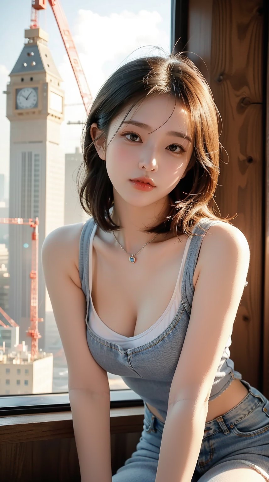 (masterpiece), best quality, expressive eyes, perfect face, tank top with suspenser adjustment, loosen jeans, suspender adjustment, cleavage breast, nice pose, awesome pose, construction building background, tower crane, wood, women sit,Sohwa