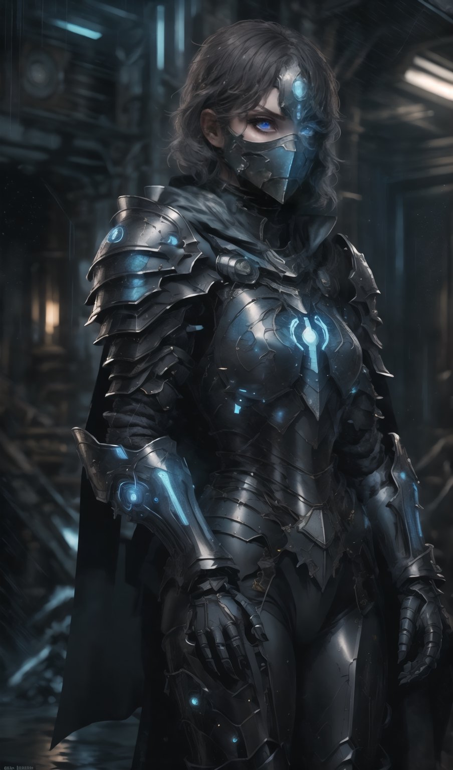 Advance armored girl, grey hood and cape, background dark space battlefield, heavy rain, light silver short hair, blue glowing beautiful eyes, blue glowing lined simple armor plate, dark environment, high detailed face, Advance mask, intense war, wealding Chinese futuristic sword,
